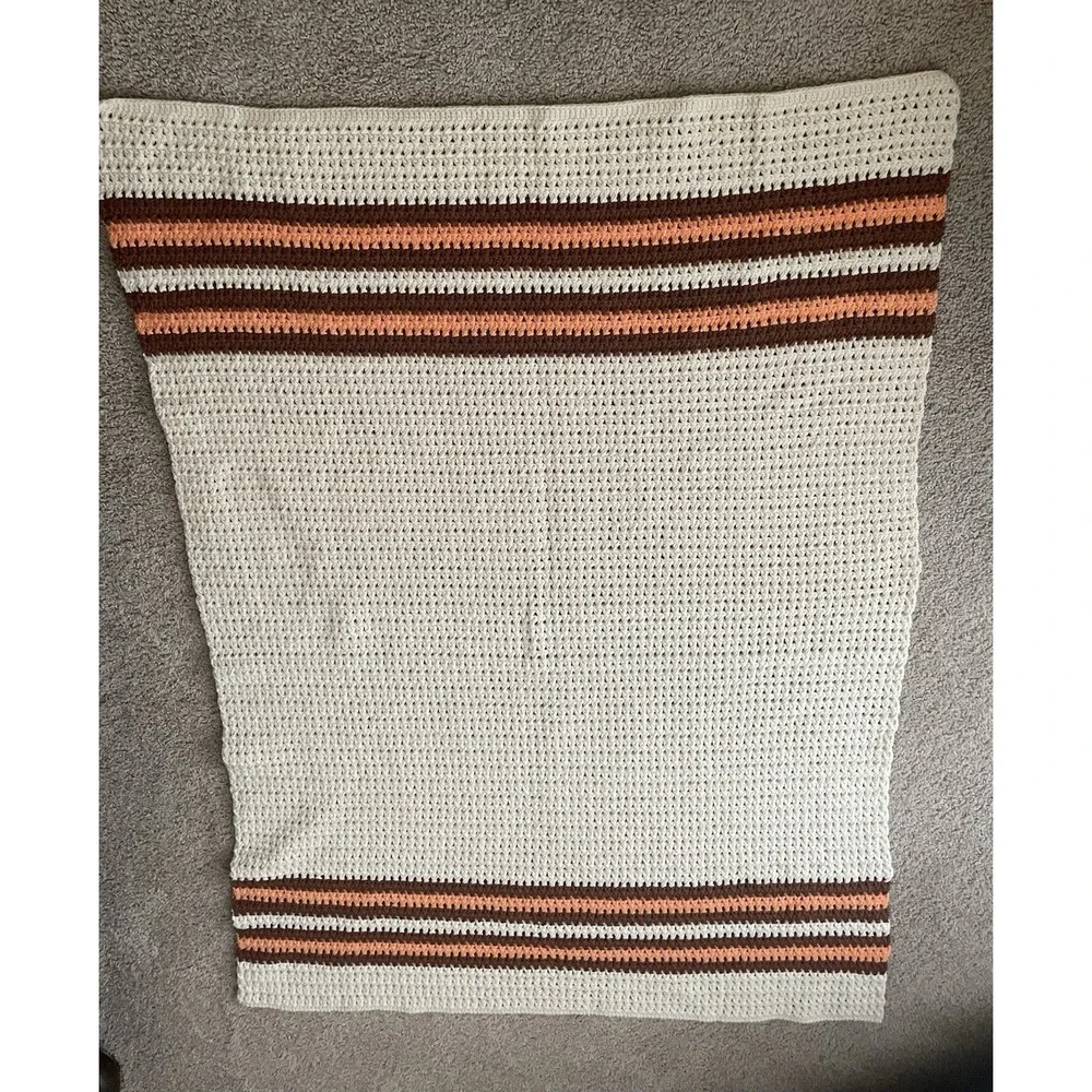 Handmade Ivory Peach Brown Crochet Vtg Fall Afghan Throw Blanket Striped 44